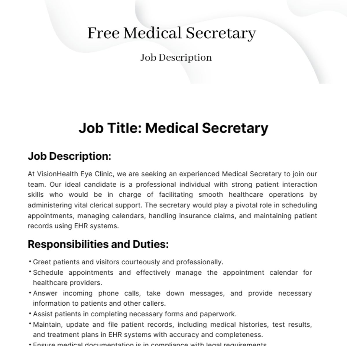 Medical Secretary Job Description Template Edit Online Download 