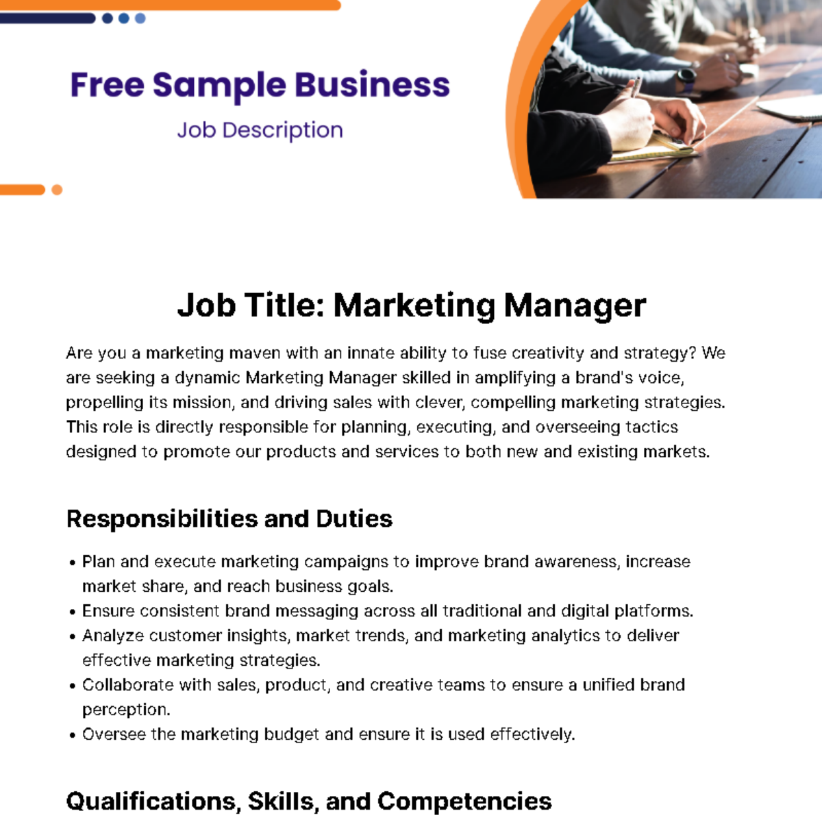 Sample Business Job Description Template