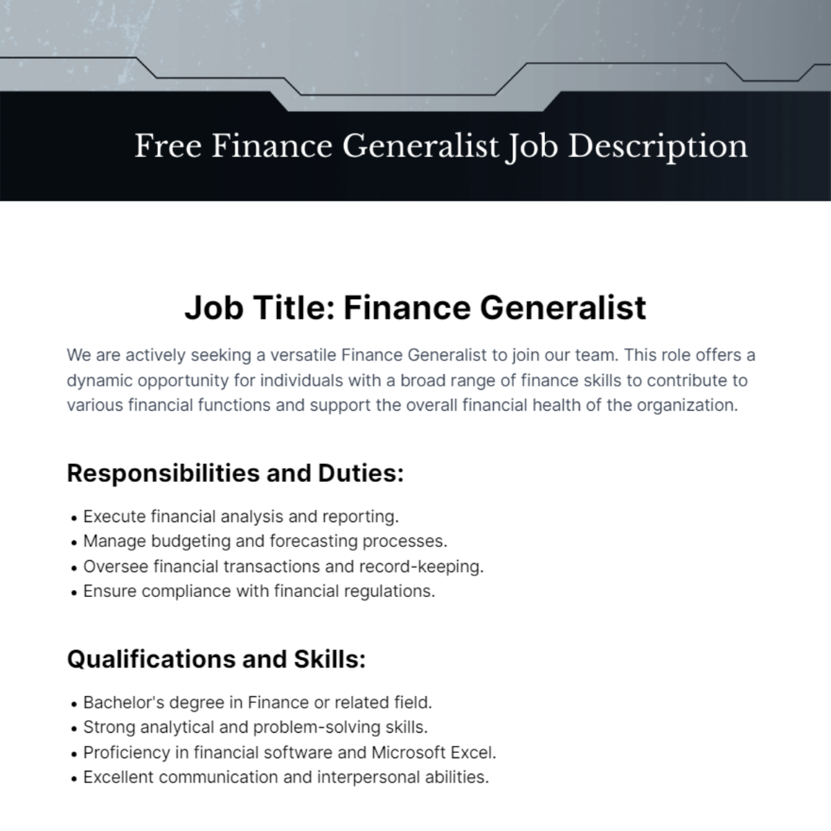 Finance Generalist Job Description Template