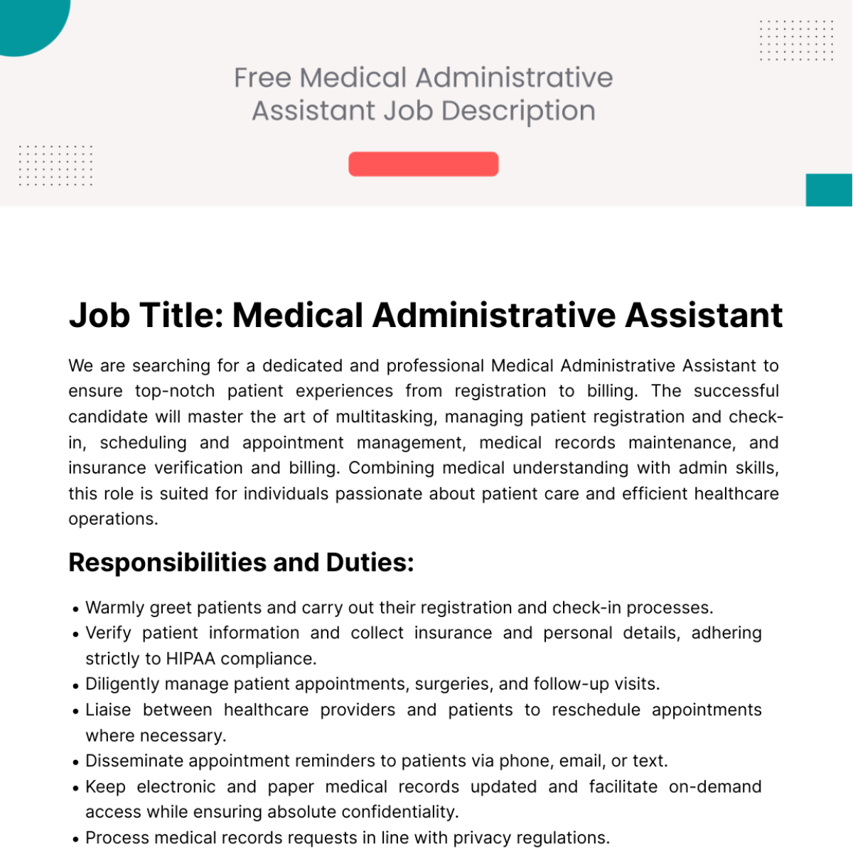 Free Medical Administrative Assistant Job Description Template
