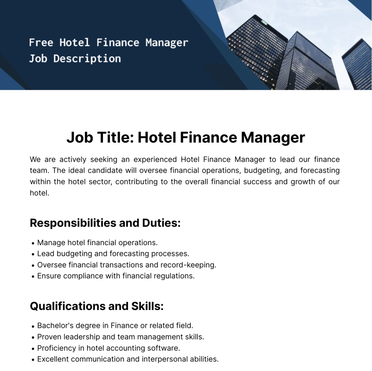 Hotel Finance Manager Job Description Template