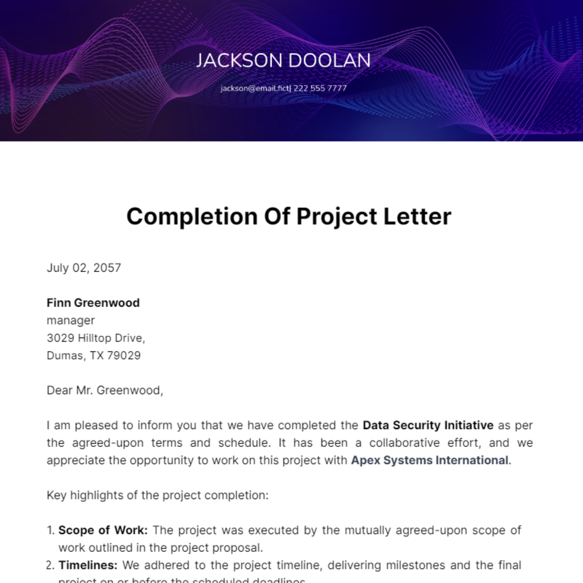 Completion of Project Letter Template