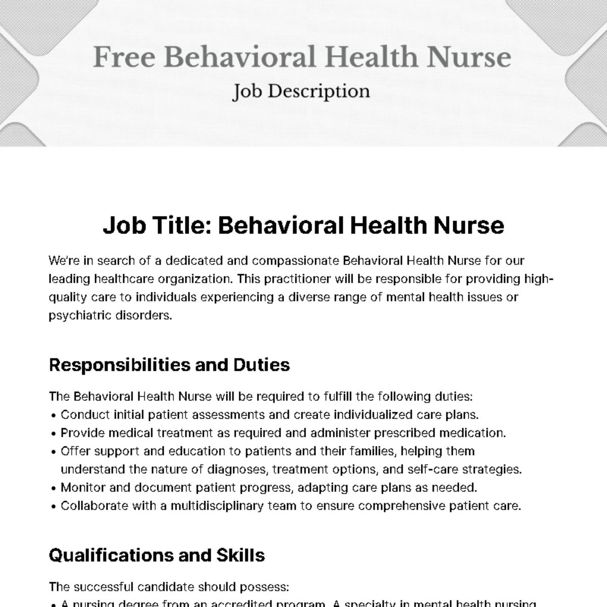Behavioral Health Nurse Job Description Template