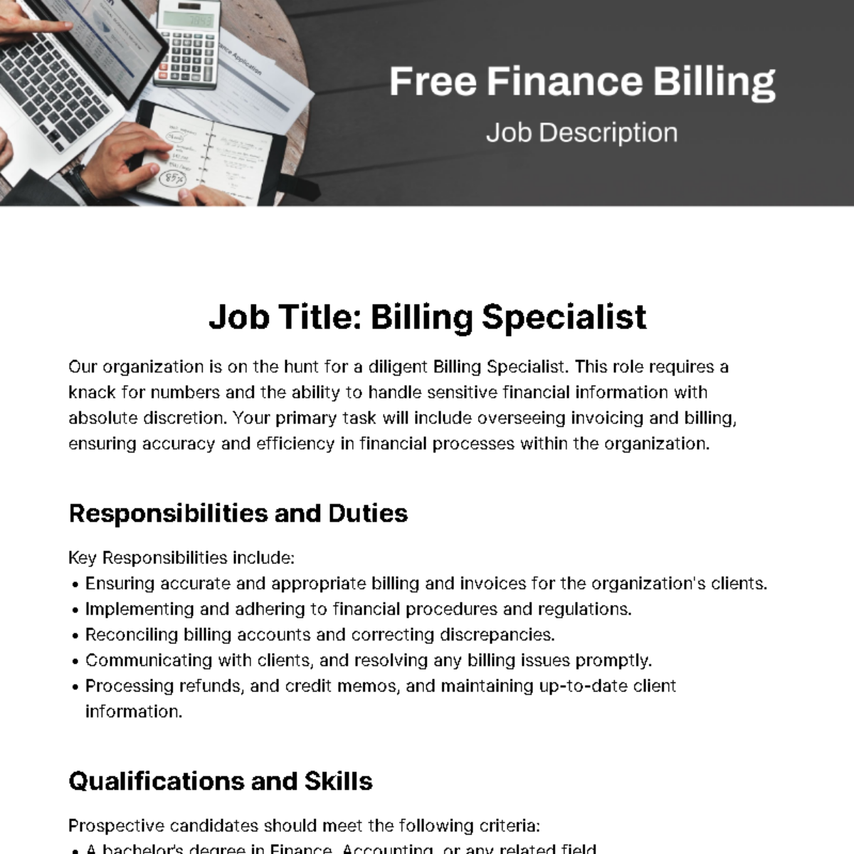 Finance Billing Job Description Template