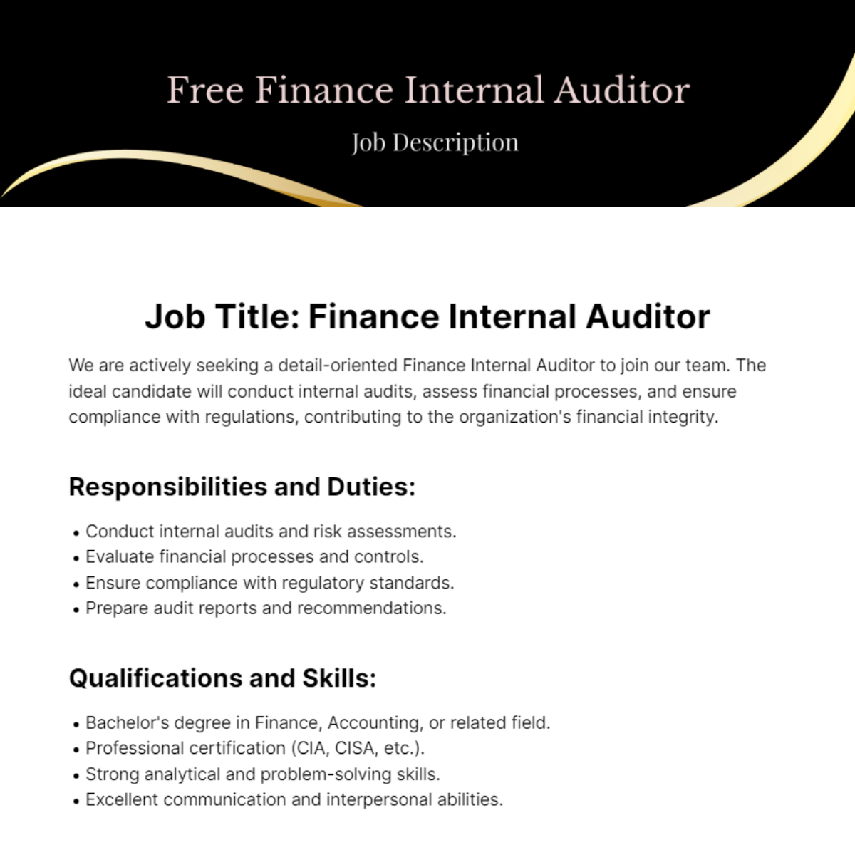 Finance Internal Auditor Job Description Template
