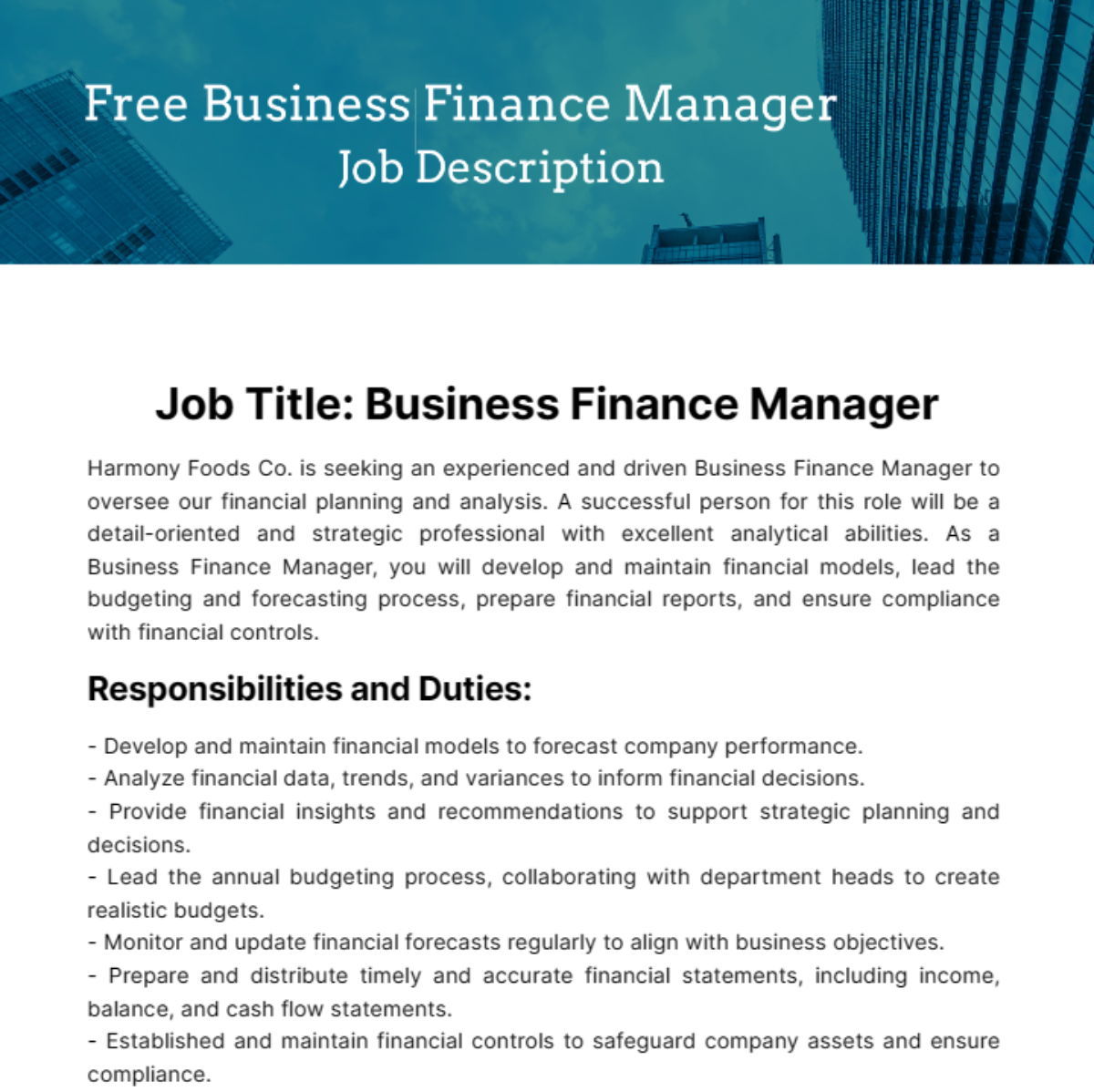 Free Business Finance Manager Job Description Template