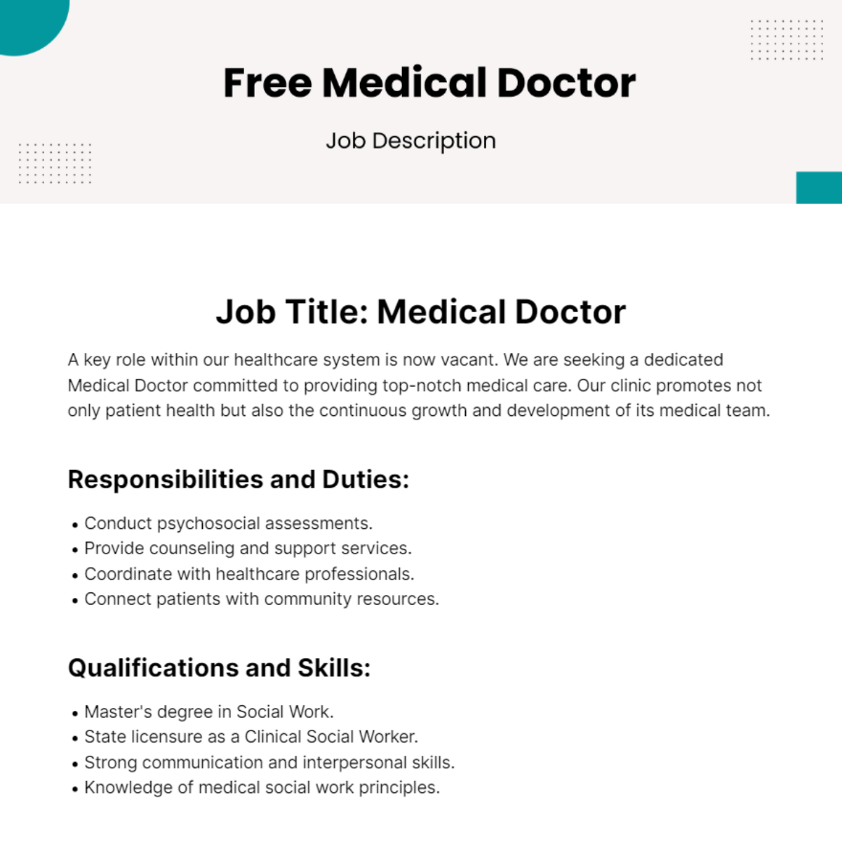 Medical Doctor Job Description Template