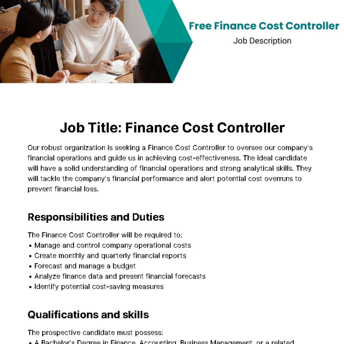 Finance Cost Controller Job Description Template