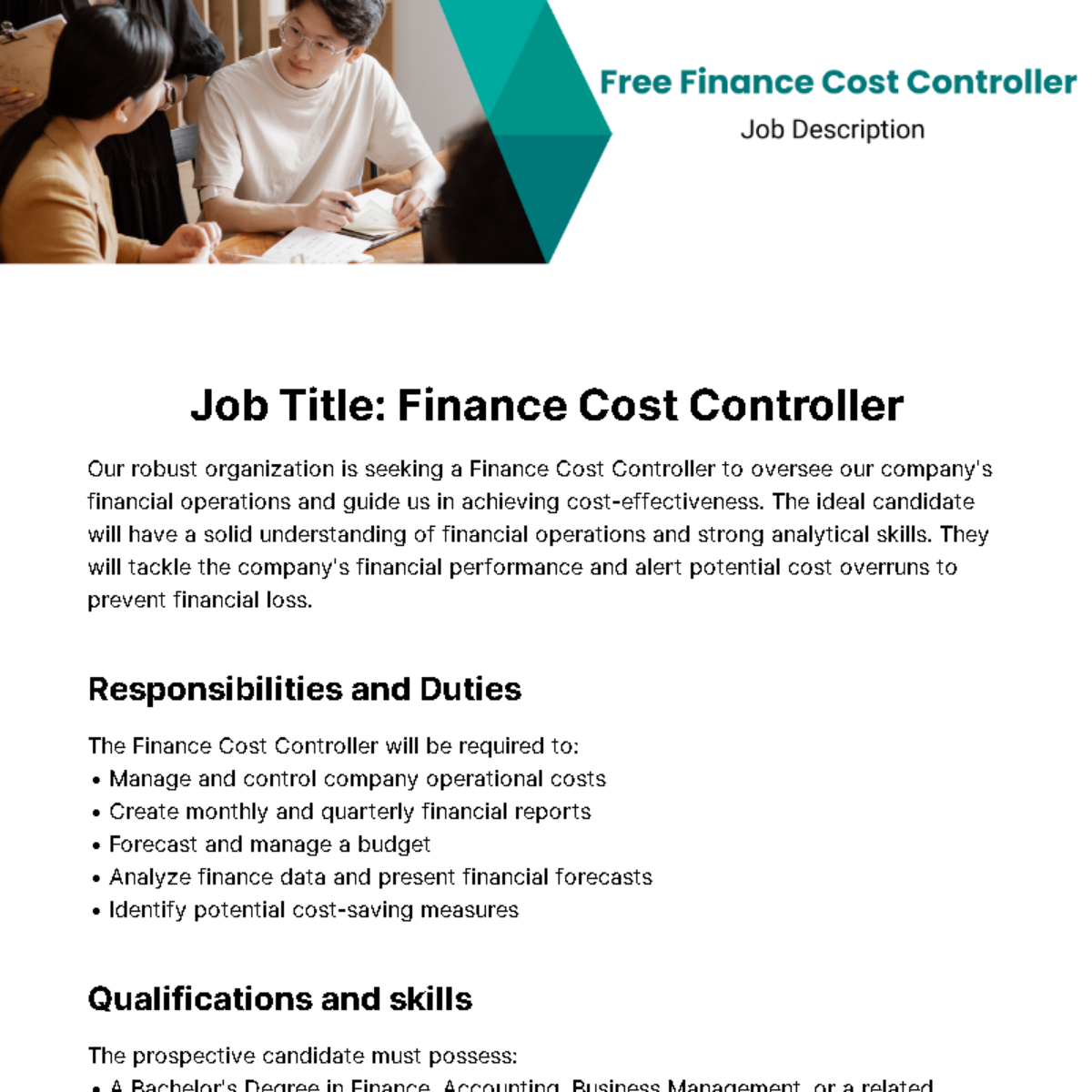 Finance Cost Controller Job Description Template Edit Online 