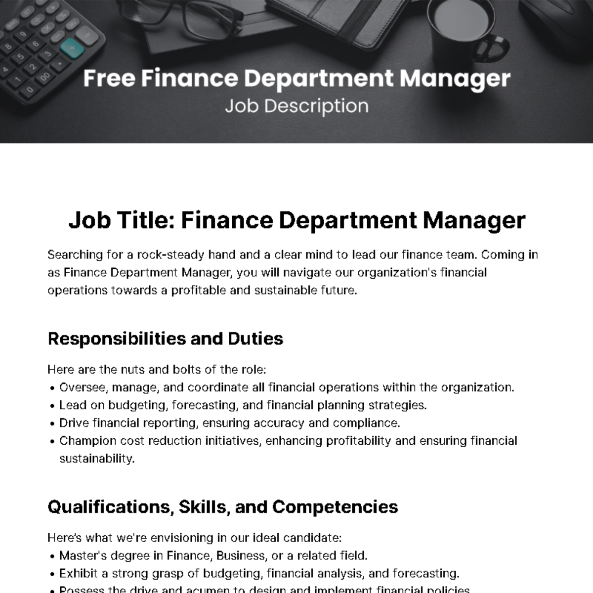 Finance Department Manager Job Description Template
