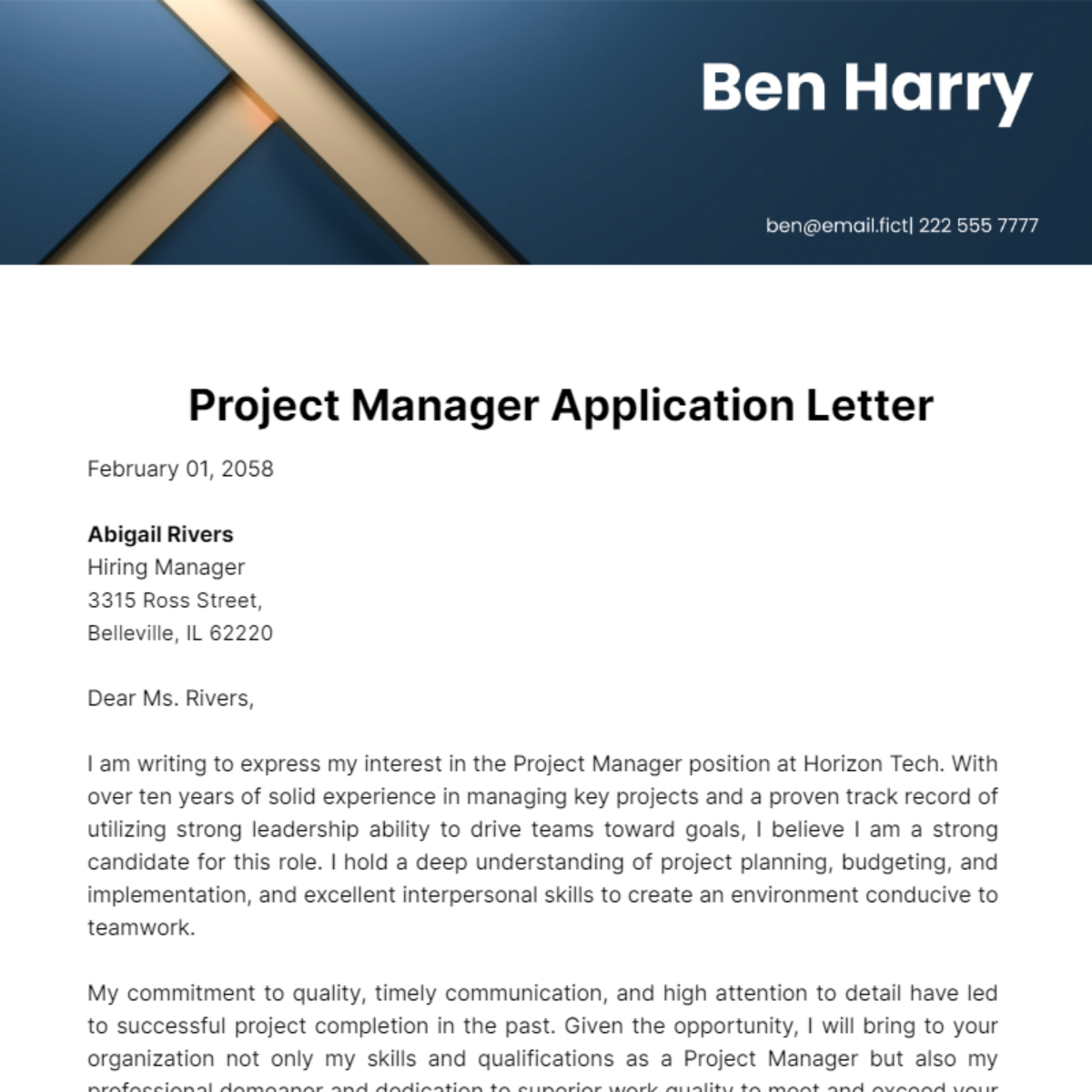 Project Manager Application Letter Template