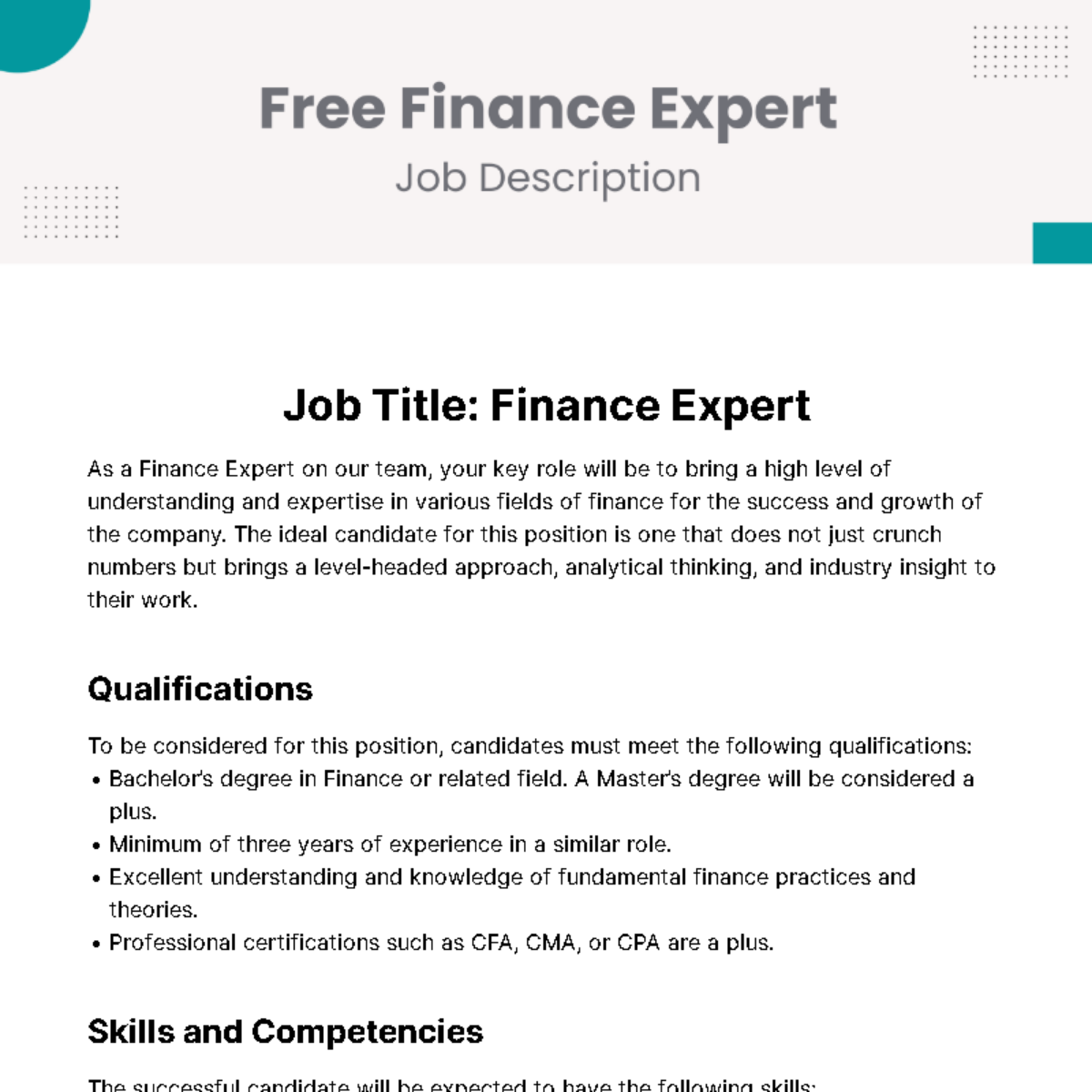Finance Expert Job Description Template
