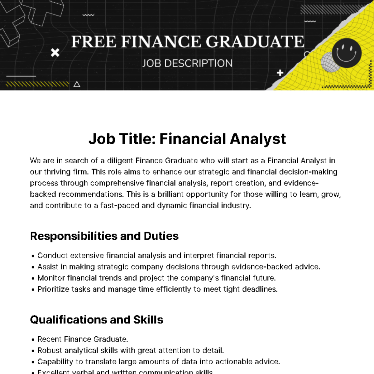 Finance Graduate Job Description Template