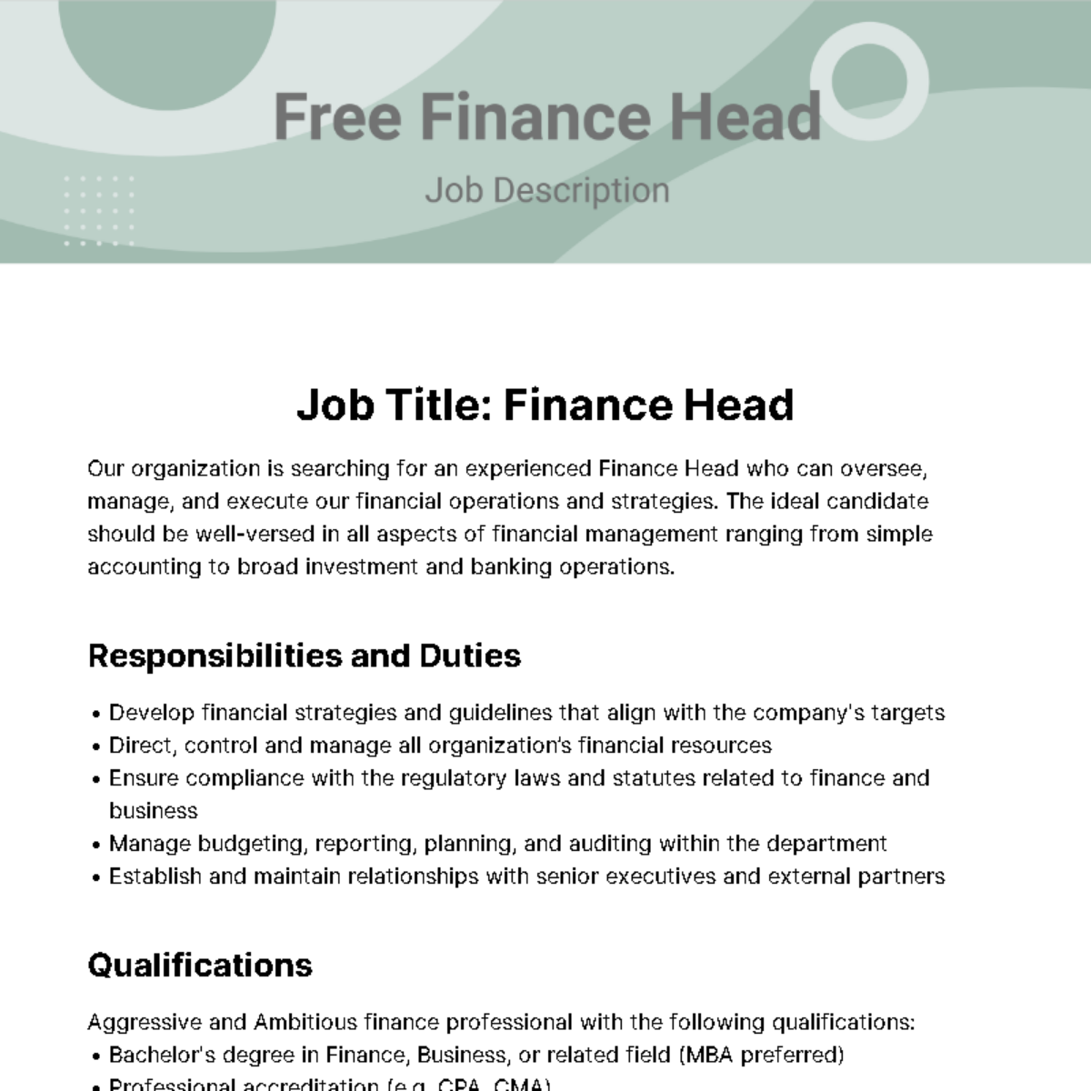 Finance Head Job Description Template