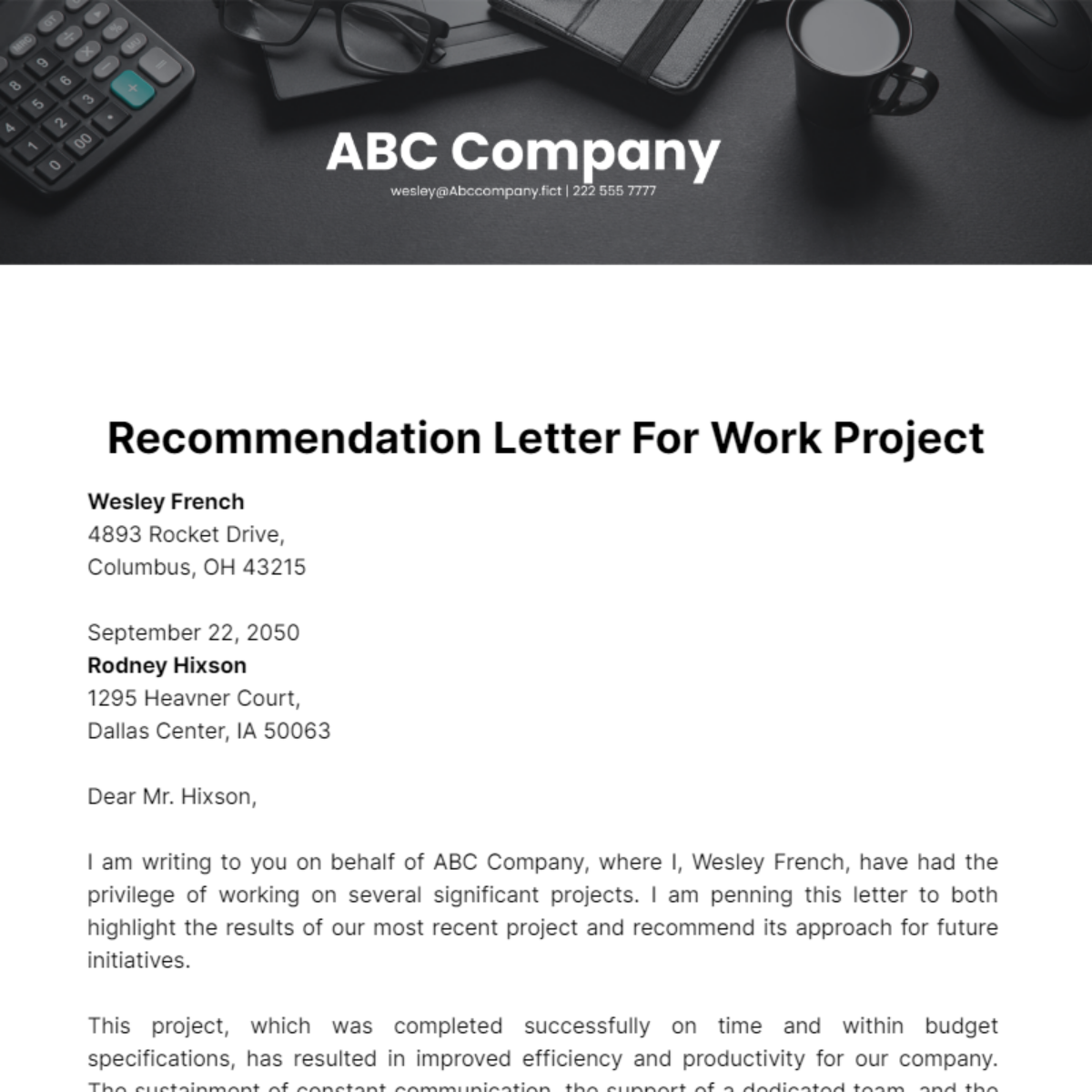 Recommendation Letter for Project Work Template