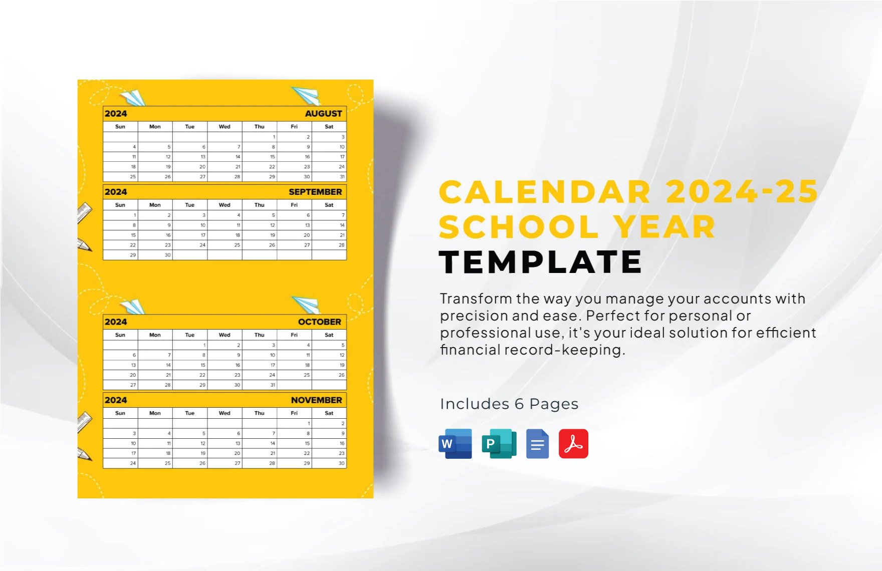 Calendar 2024-25 School Year Template in Word, Google Docs, PDF, Publisher, InDesign