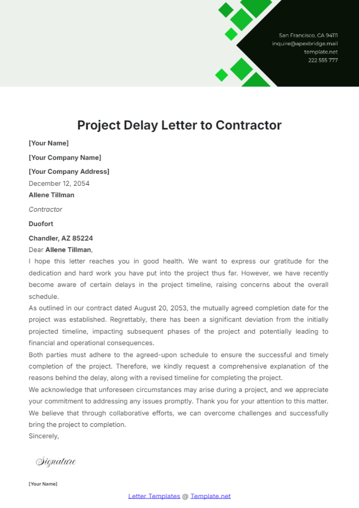 Project Delay Letter to Contractor Template