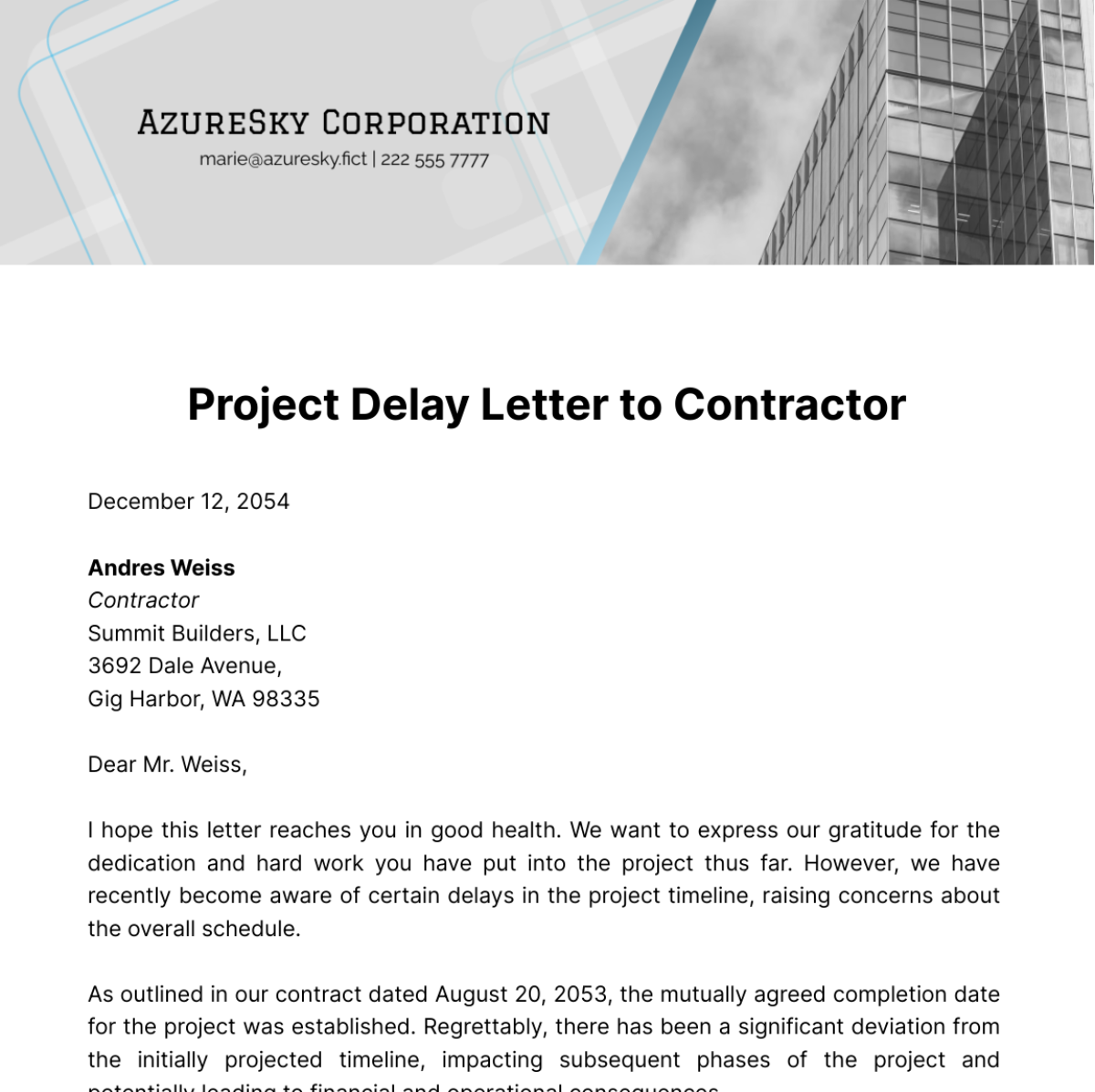 Project Delay Letter to Contractor Template