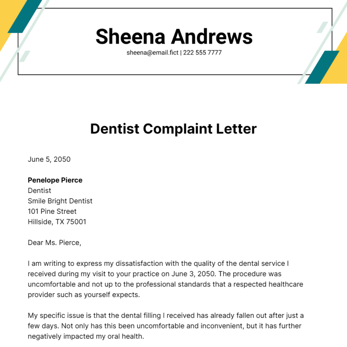 Dentist Complaint Letter Template
