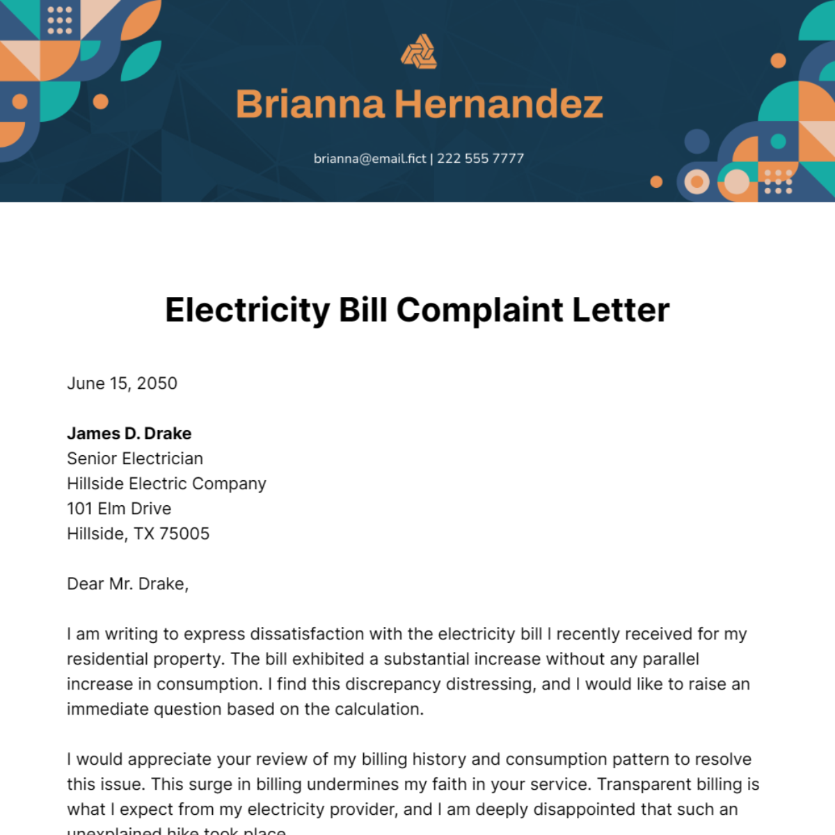 Electricity Bill Complaint Letter Template