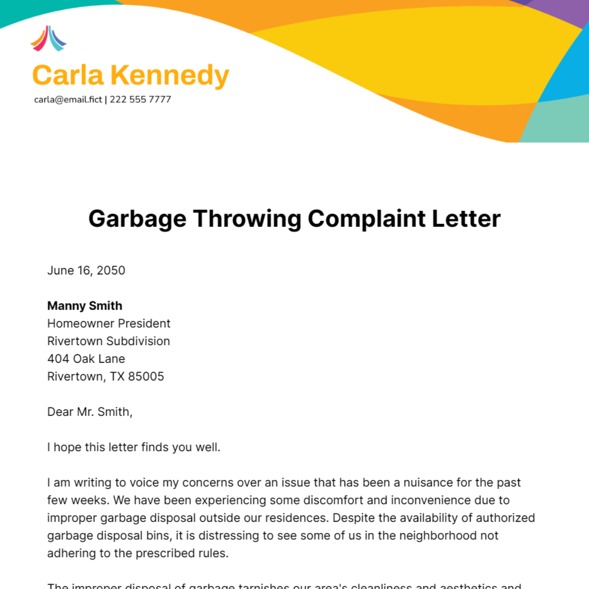 Garbage Throwing Complaint Letter Template