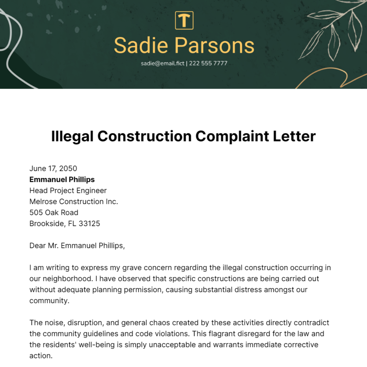 Illegal Construction Complaint Letter Template