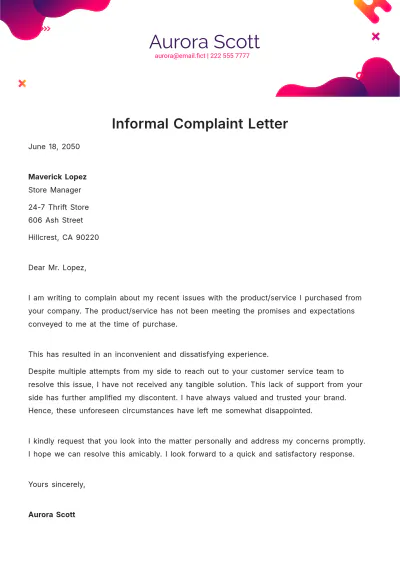 Free Informal Complaint Letter Template to Edit Online