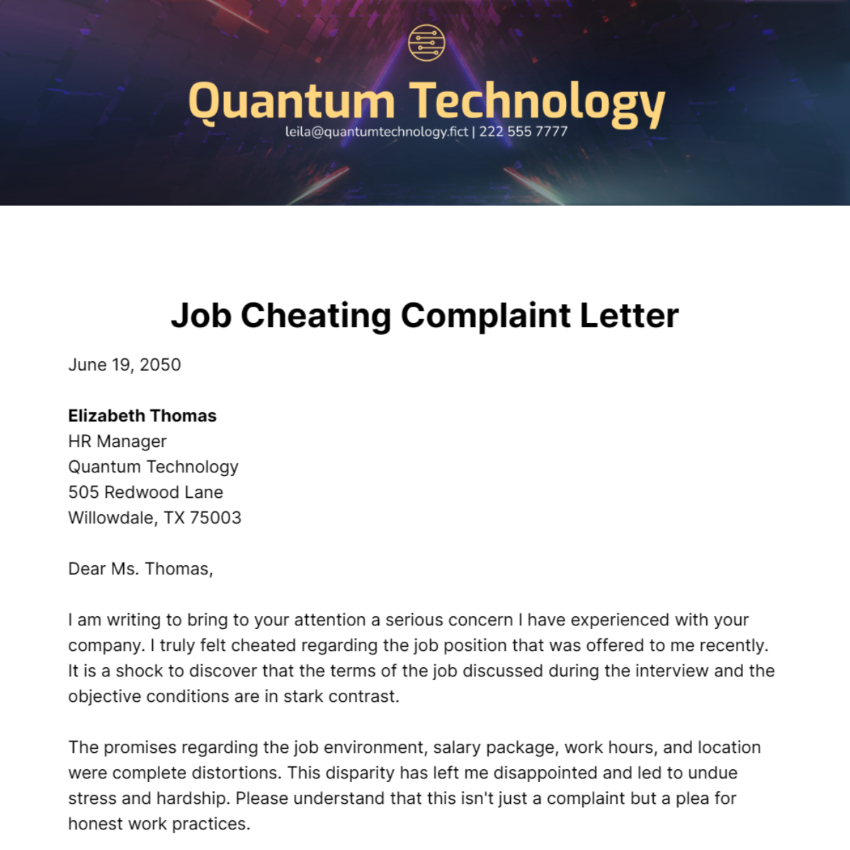 Job Cheating Complaint Letter Template