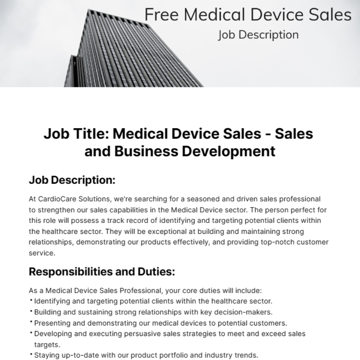 Medical Device Sales Job Description Template