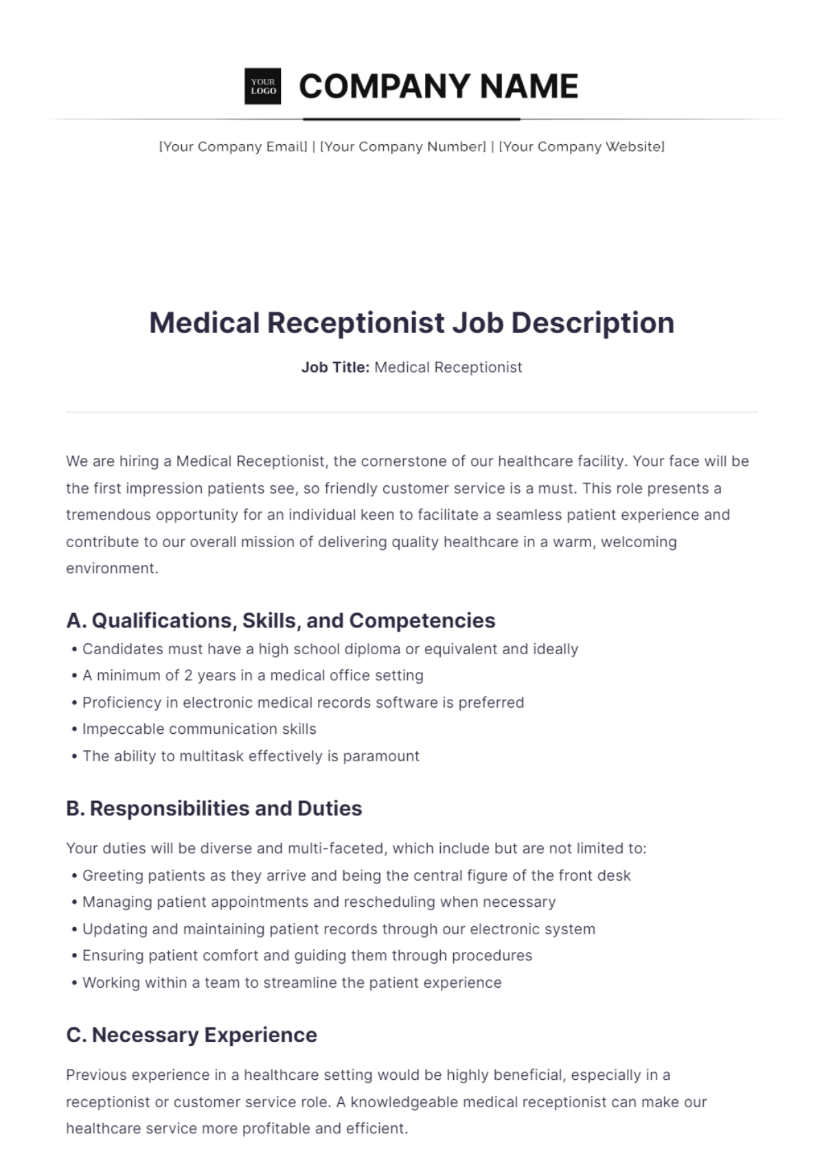 Medical Receptionist Job Description Template - Edit Online & Download