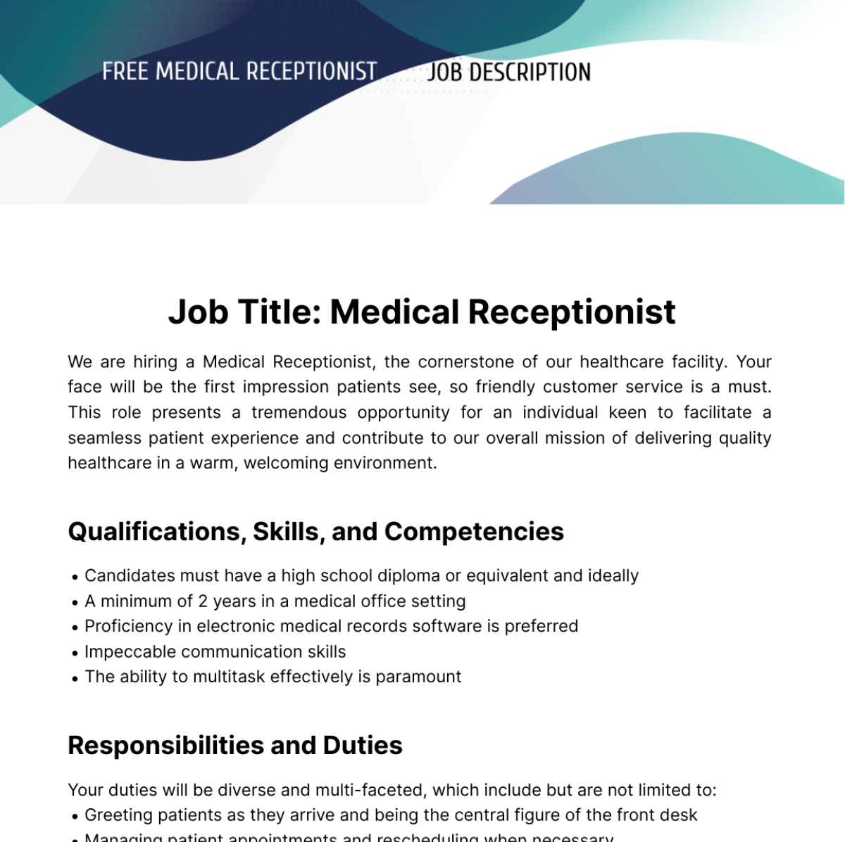Free Medical Receptionist Job Description Template