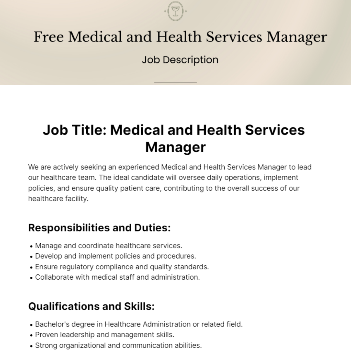 Medical and Health Services Manager Job Description Template