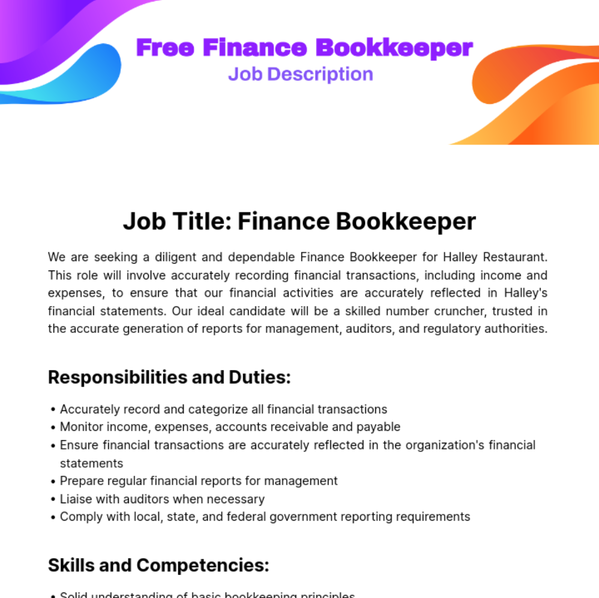 Finance Bookkeeper Job Description Template