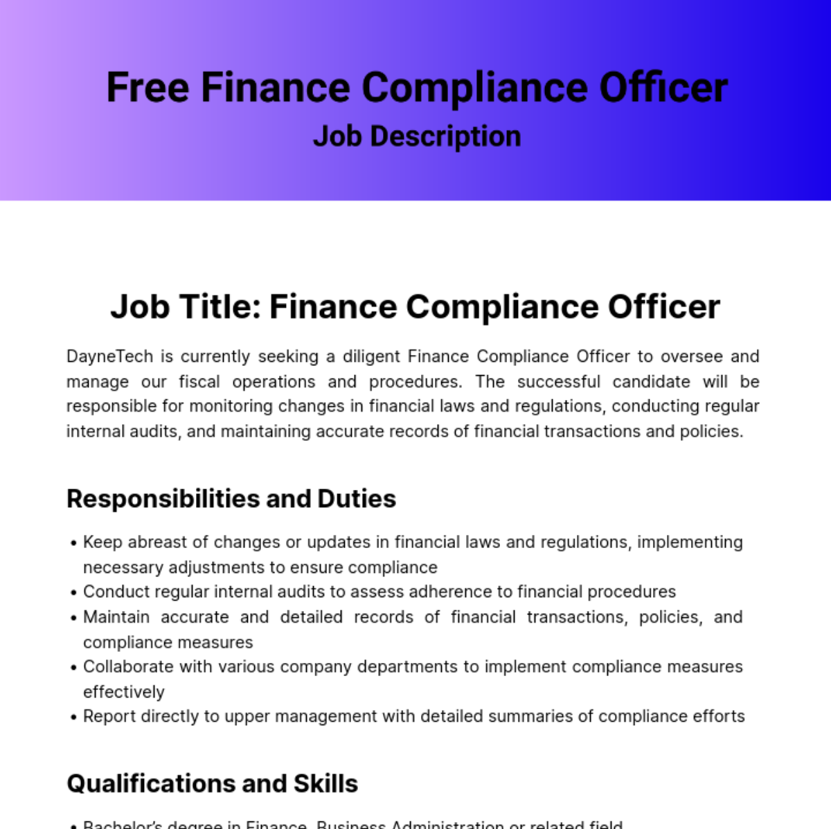 Finance Compliance Officer Job Description Template