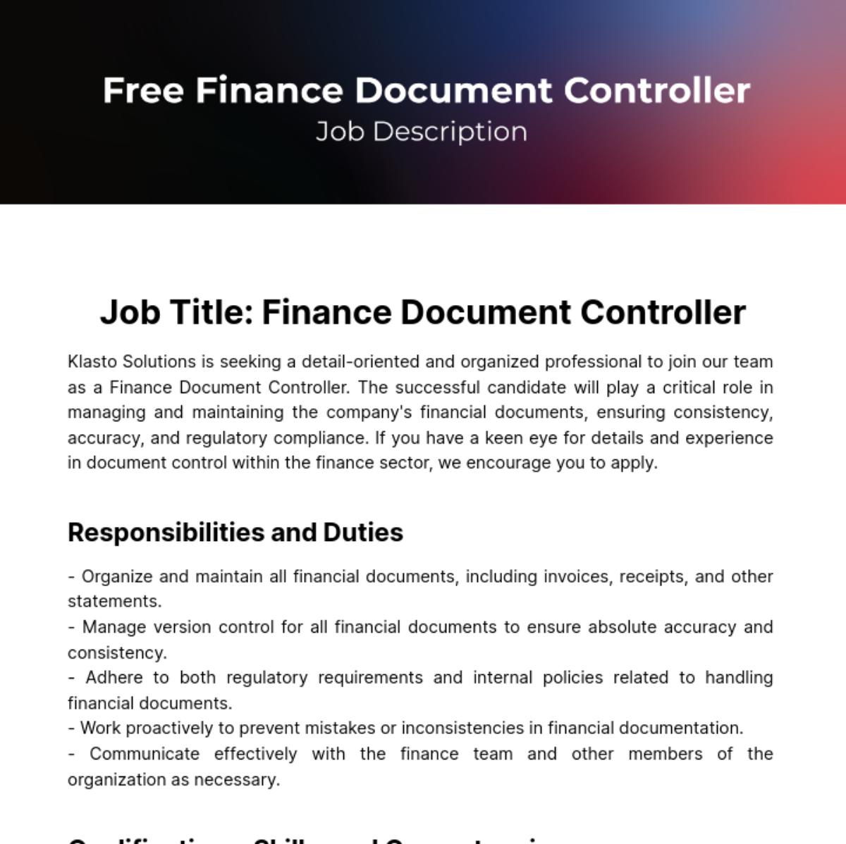 Finance Document Controller Job Description Template