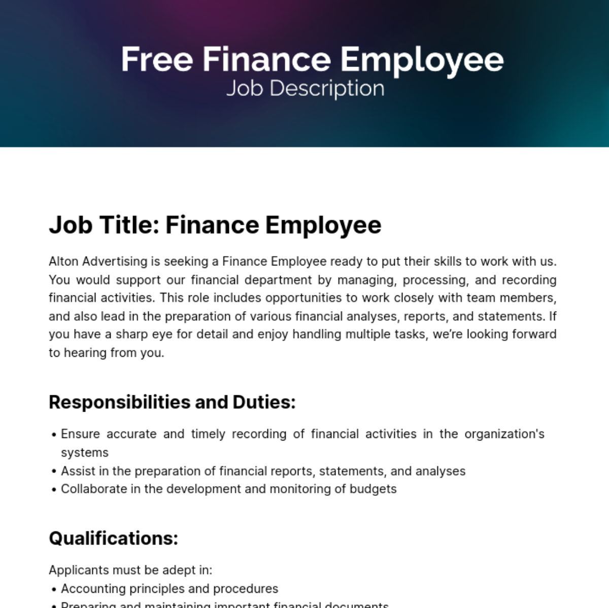 Finance Employee Job Description Template