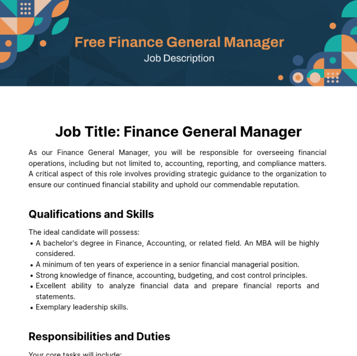 Finance General Manager Job Description Template