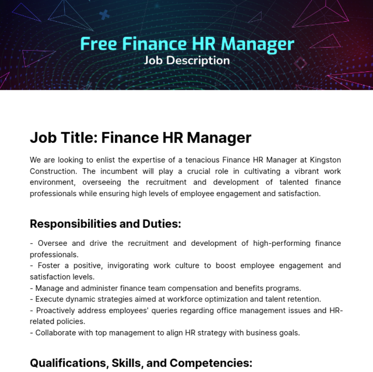 Finance HR Manager Job Description Template