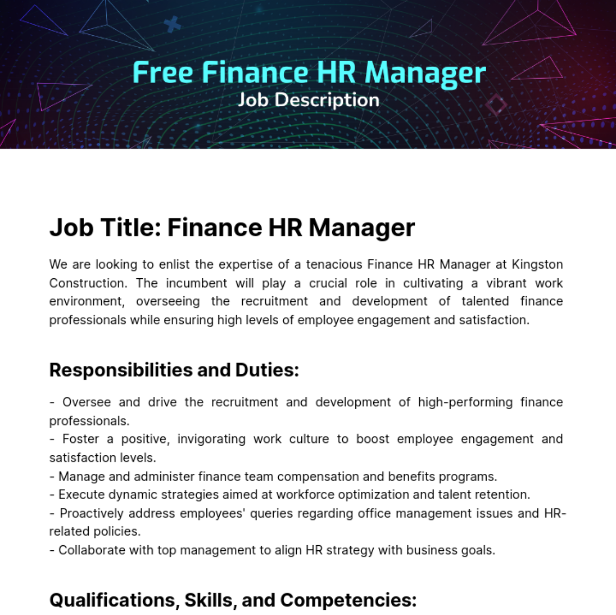 Finance HR Manager Job Description Template - Edit Online & Download