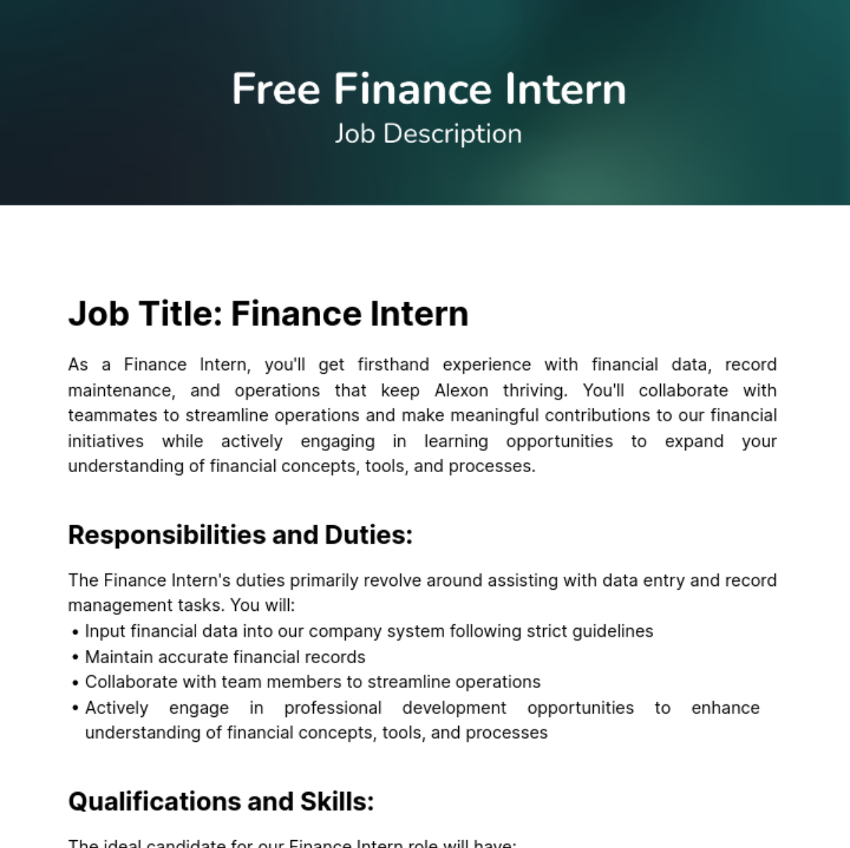 Finance Intern Job Description Template