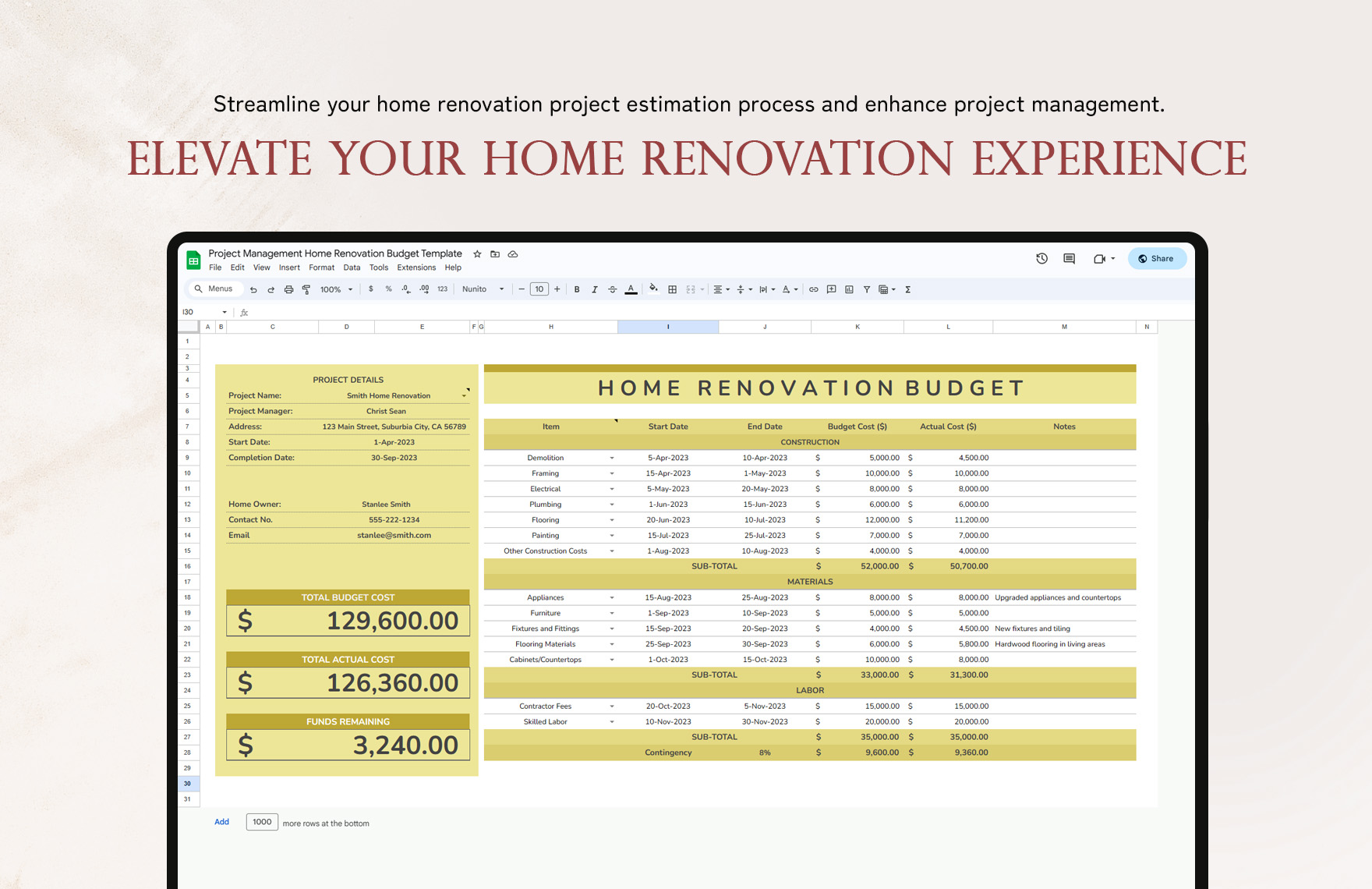 Project Management Home Renovation Budget Template