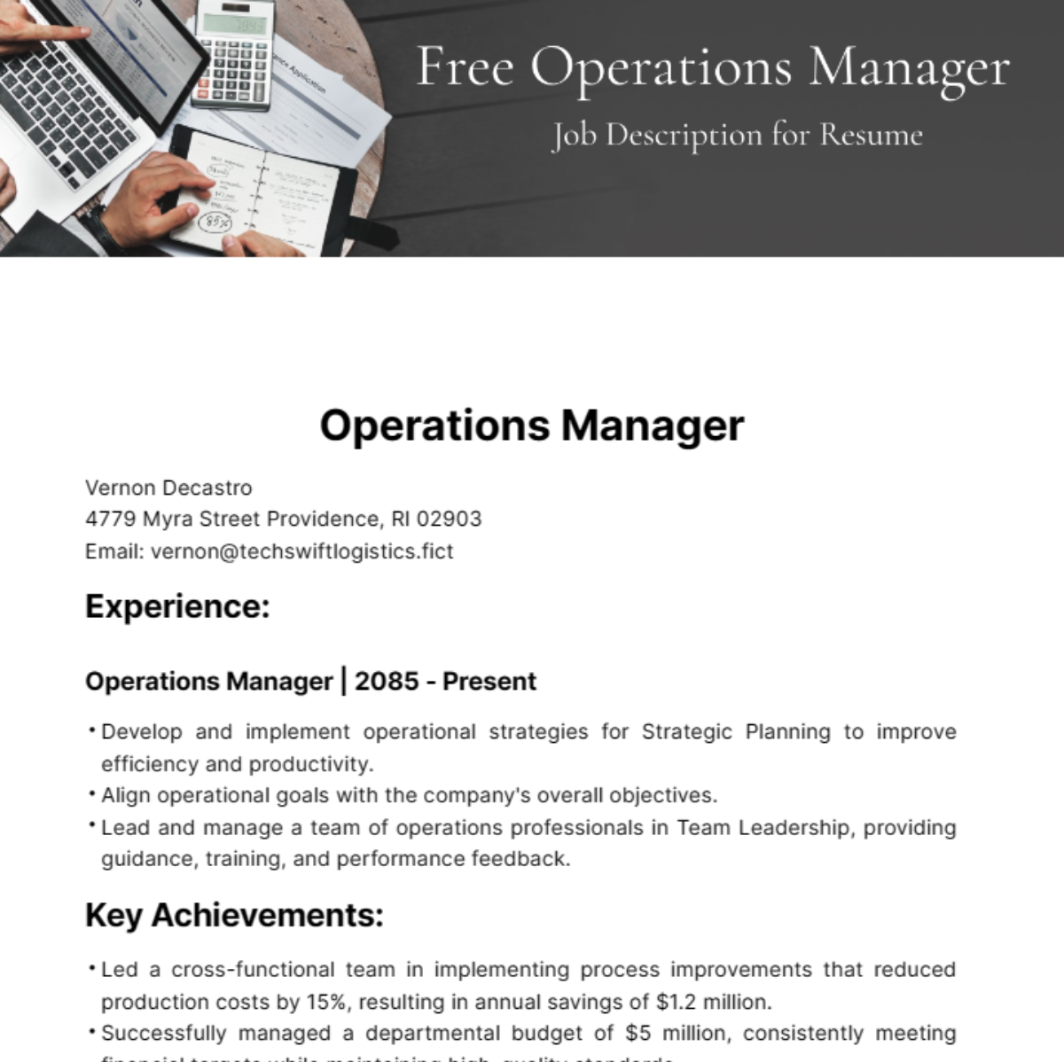 Operations Job Description for Resume Template