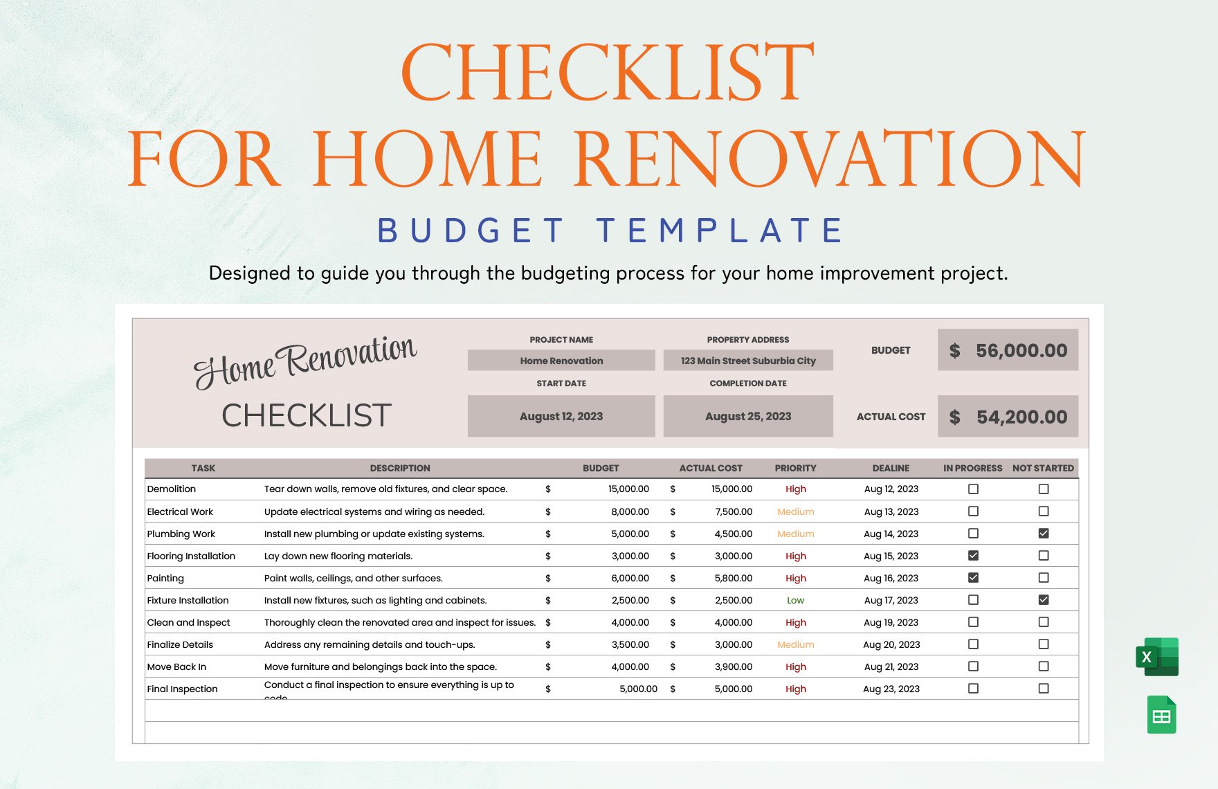 Free Checklist for Home Renovation Budget Template in Excel, Google Sheets