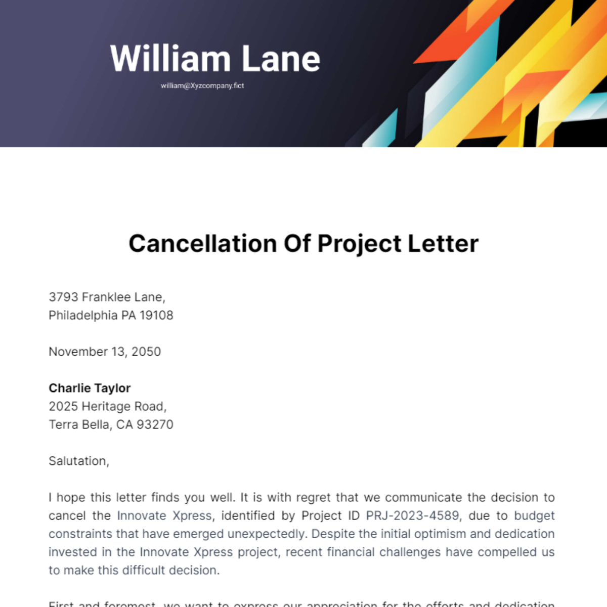 Cancellation of Project Letter Template