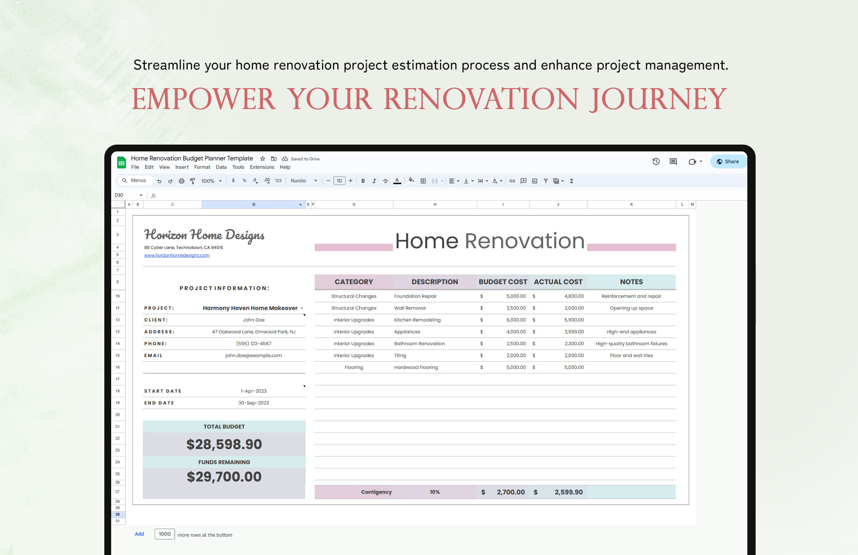 Home Renovation Budget Planner Template