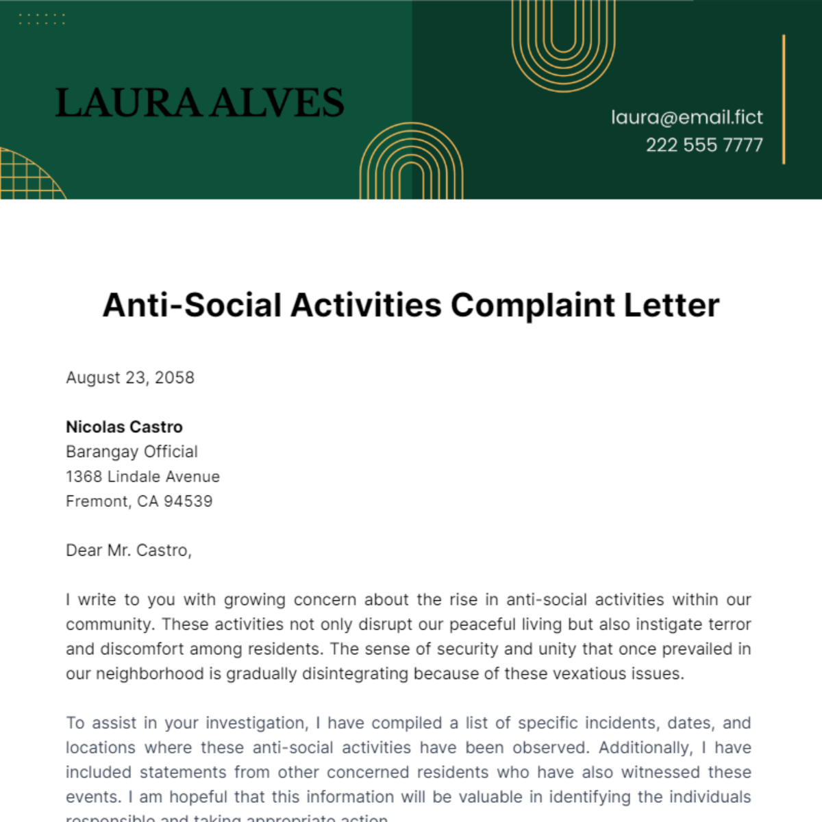 Anti Social Activities Complaint Letter Template