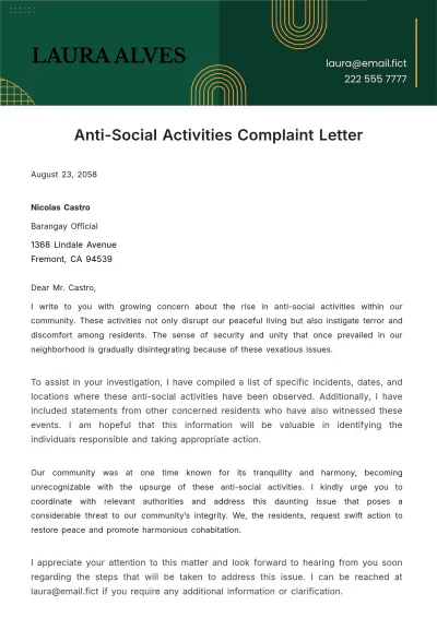 Free Anti Social Activities Complaint Letter Template to Edit Online
