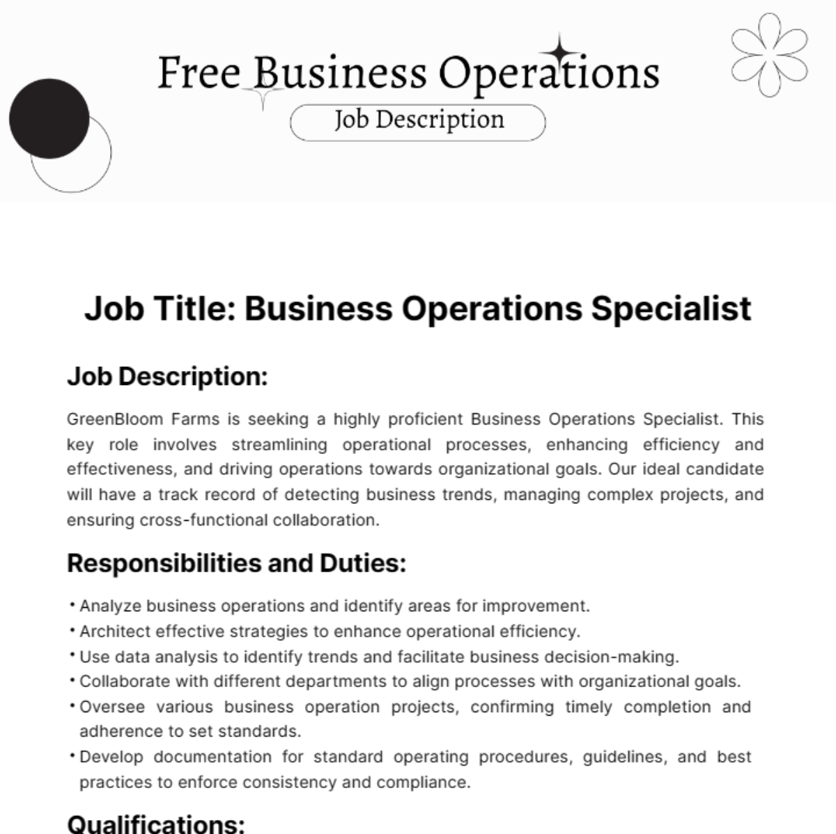 Business Operations Job Description Template