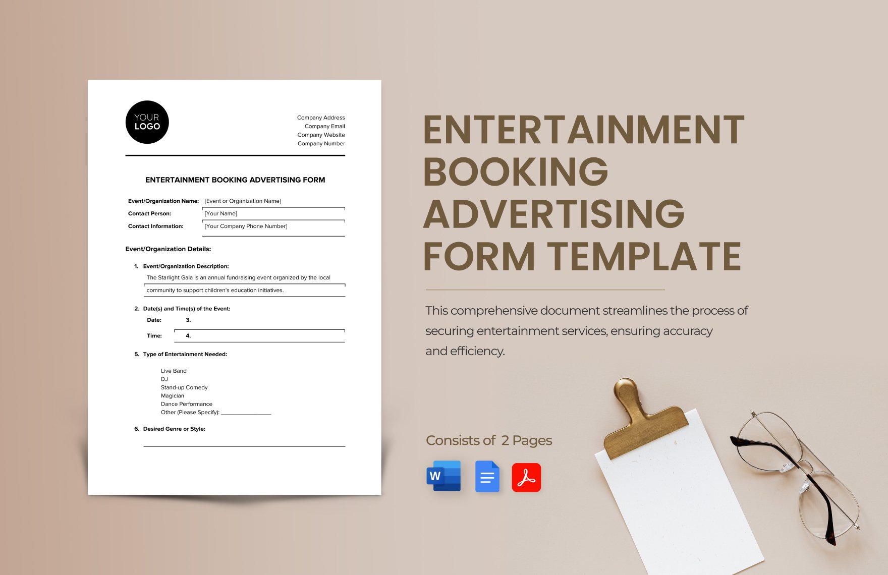 Free Entertainment Booking Advertising Form Template in Word, Google Docs, PDF