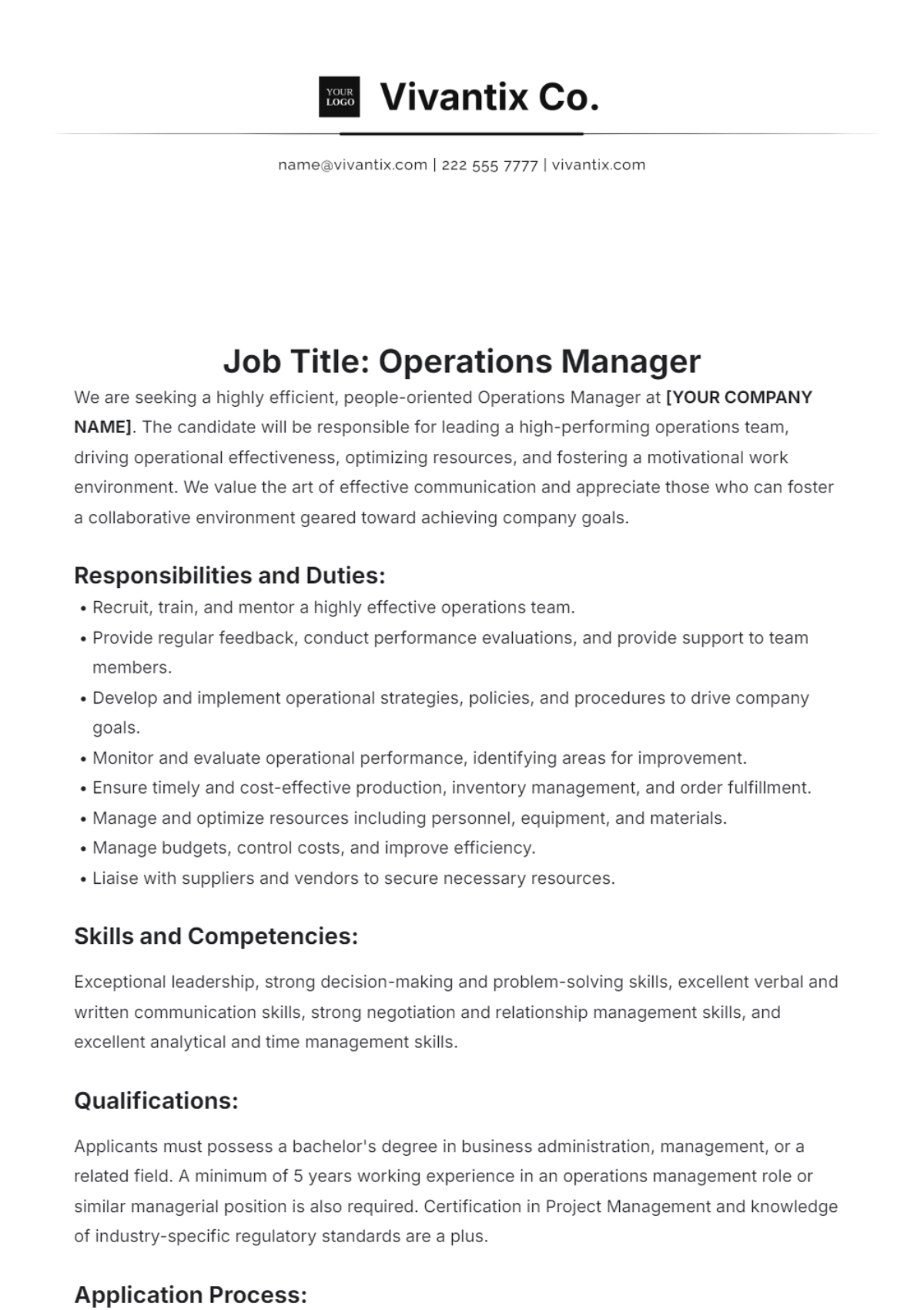 Operations Manager Job Description Template - Edit Online & Download